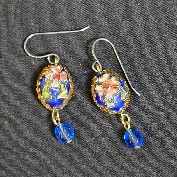 Cloisonne Enamel Floral Dangle Earrings Blue Bead Drop Handmade Boho 1.5" - Picture 3 of 6